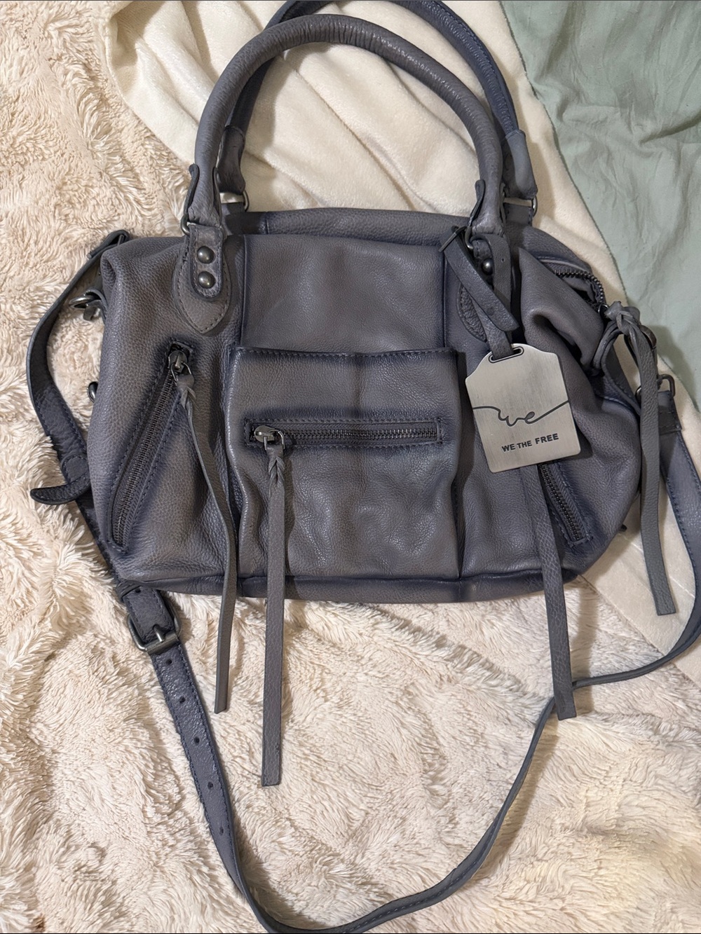 FREE PEOPLE BABY EMERSON Tote Charcoal Gray Pebble Leather Satchel